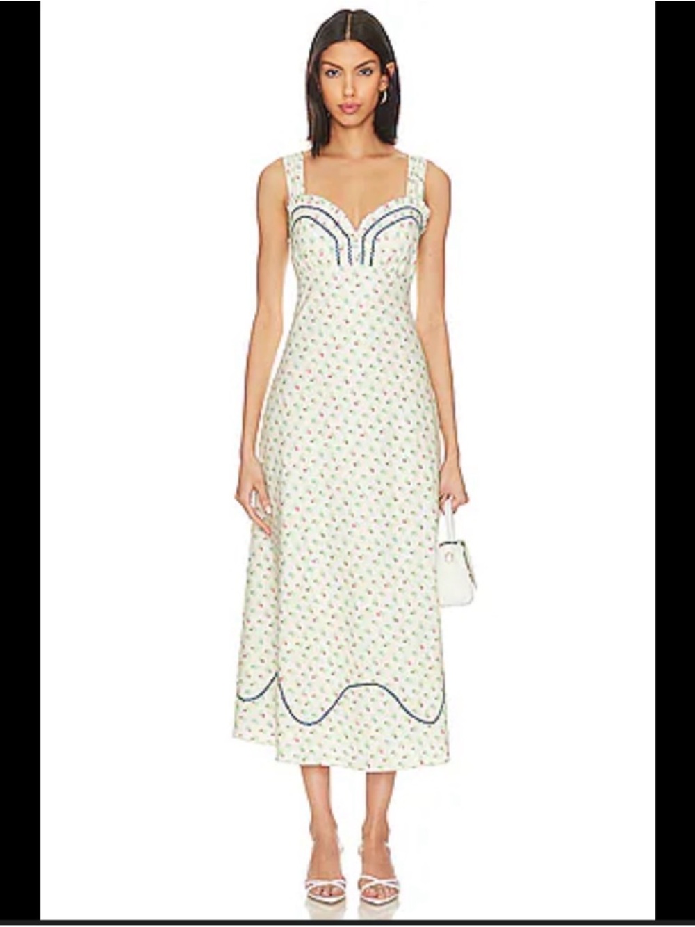 Free People Cream Floral Midi Dress with Navy Trim - Women Dresses
